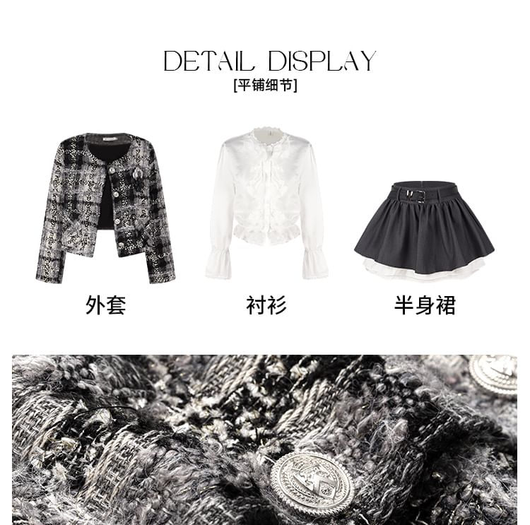 Tweed Button Jacket - High Rise Mini A-Line Skirt - Long-Sleeve Ruffle Blouse