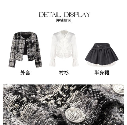 Tweed Button Jacket - High Rise Mini A-Line Skirt - Long-Sleeve Ruffle Blouse