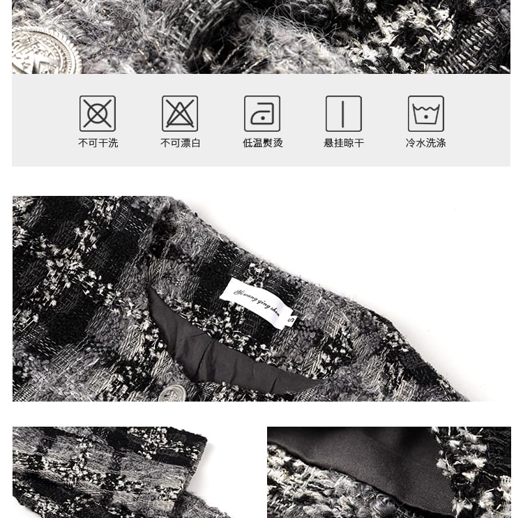 Tweed Button Jacket - High Rise Mini A-Line Skirt - Long-Sleeve Ruffle Blouse