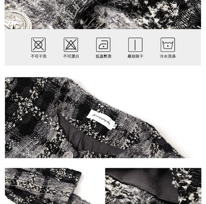 Tweed Button Jacket - High Rise Mini A-Line Skirt - Long-Sleeve Ruffle Blouse