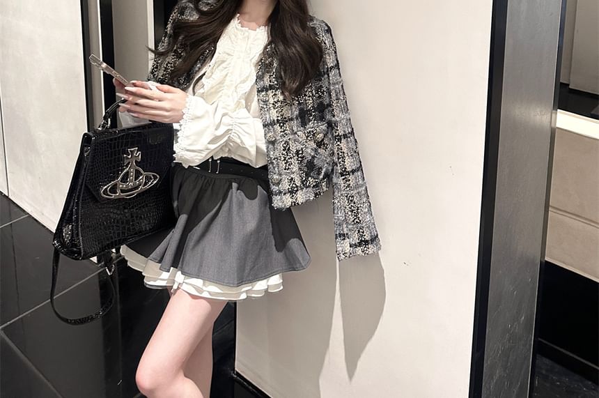 Tweed Button Jacket - High Rise Mini A-Line Skirt - Long-Sleeve Ruffle Blouse