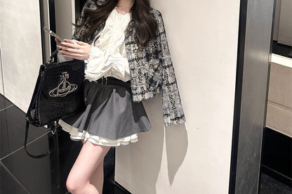 Tweed Button Jacket - High Rise Mini A-Line Skirt - Long-Sleeve Ruffle Blouse