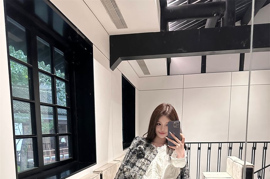 Tweed Button Jacket - High Rise Mini A-Line Skirt - Long-Sleeve Ruffle Blouse