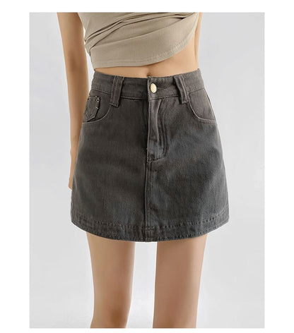 Mid Rise Washed Denim Mini H-Line Skirt