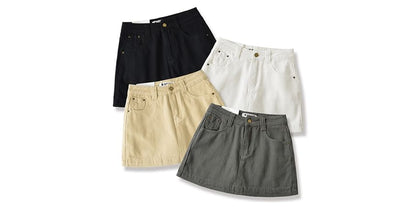 Mid Rise Washed Denim Mini H-Line Skirt