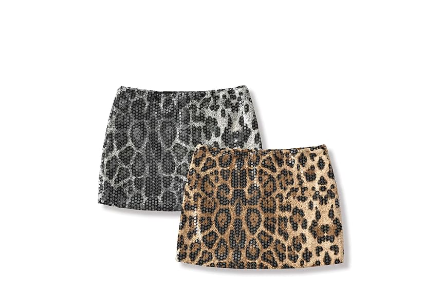 High Waist Leopard Print Sequin Mini Pencil Skirt