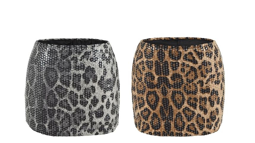 High Waist Leopard Print Sequin Mini Pencil Skirt