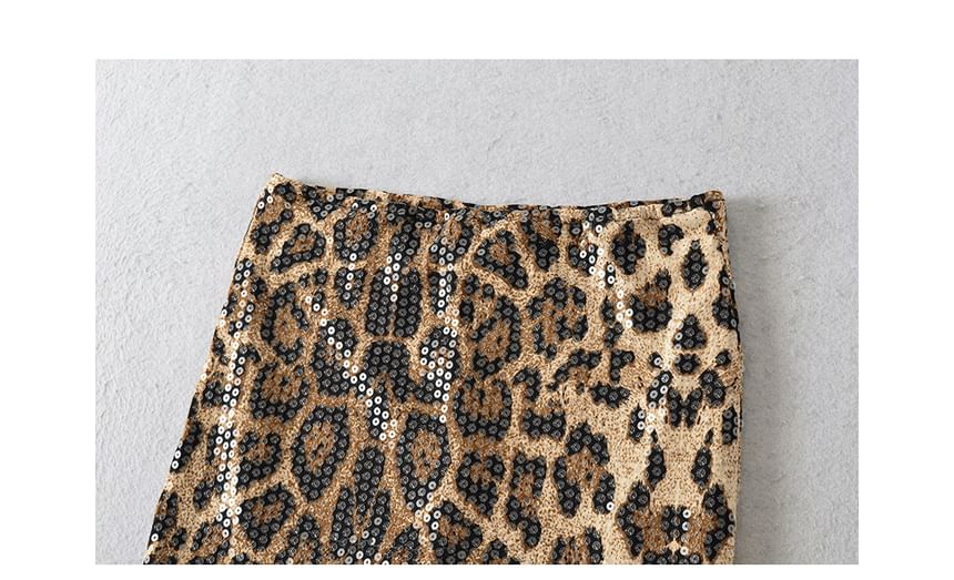 High Waist Leopard Print Sequin Mini Pencil Skirt