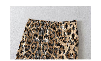 High Waist Leopard Print Sequin Mini Pencil Skirt