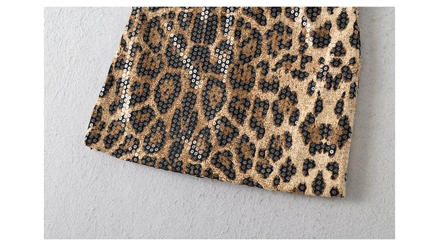 High Waist Leopard Print Sequin Mini Pencil Skirt