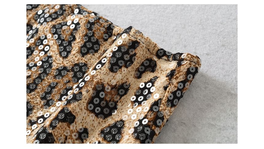 High Waist Leopard Print Sequin Mini Pencil Skirt