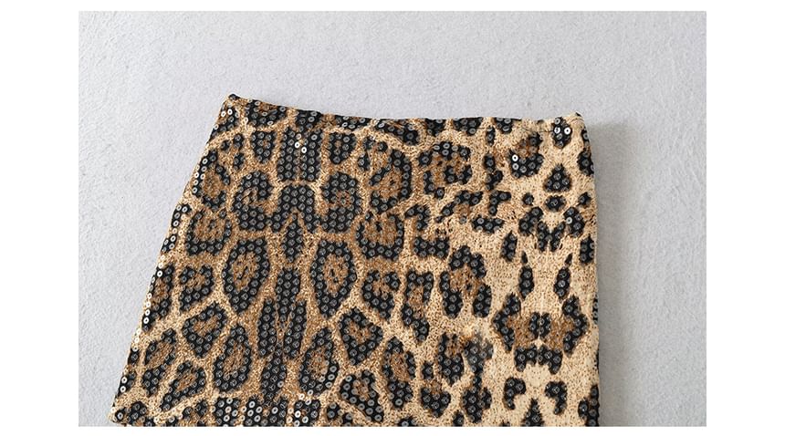High Waist Leopard Print Sequin Mini Pencil Skirt