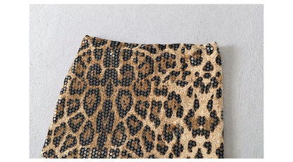 High Waist Leopard Print Sequin Mini Pencil Skirt