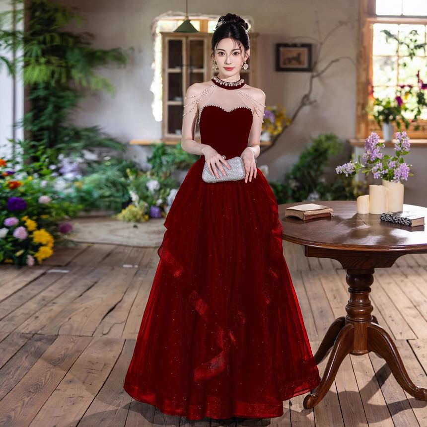 Sleeveless Velvet A-Line Evening Gown