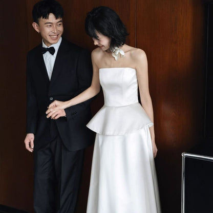 Strapless Ruffle Plain A-Line Evening Gown