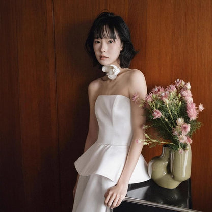 Strapless Ruffle Plain A-Line Evening Gown