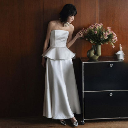 Strapless Ruffle Plain A-Line Evening Gown