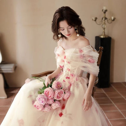 Off Shoulder Floral Accent Mesh A-Line Evening Gown