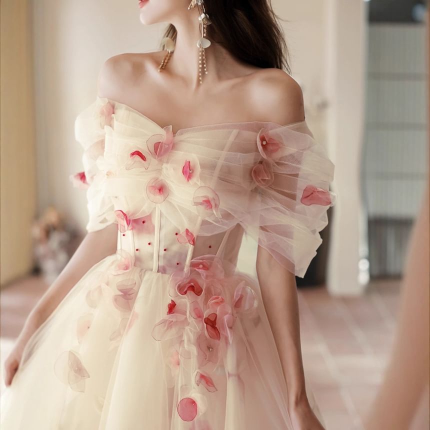 Off Shoulder Floral Accent Mesh A-Line Evening Gown