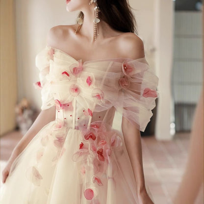 Off Shoulder Floral Accent Mesh A-Line Evening Gown