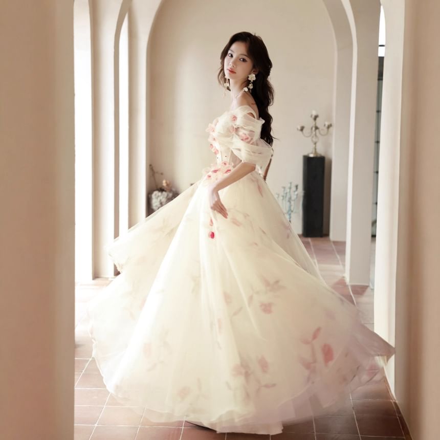 Off Shoulder Floral Accent Mesh A-Line Evening Gown