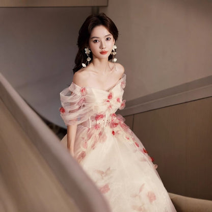 Off Shoulder Floral Accent Mesh A-Line Evening Gown