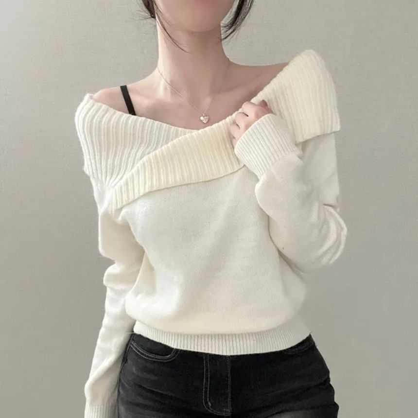 Ribbed Off-Shoulder Sweater with Solid Finish