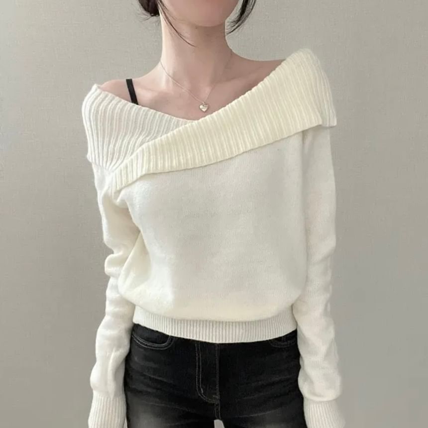 Ribbed Off-Shoulder Sweater with Solid Finish