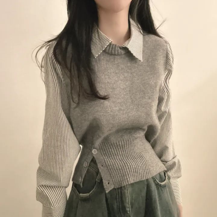 Pinstriped Mock Two-Piece Knit with Collar