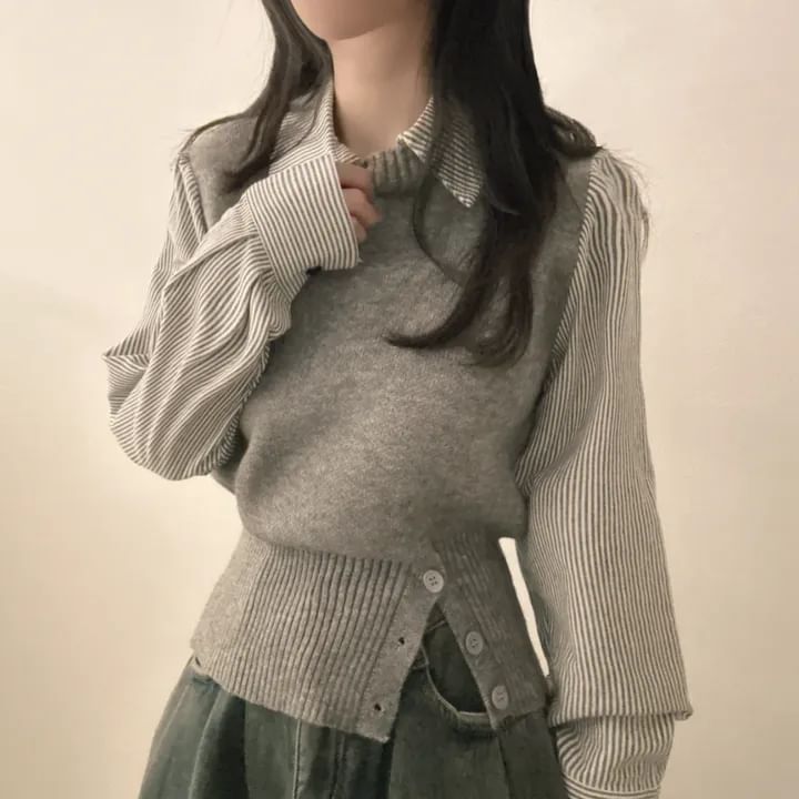 Pinstriped Mock Two-Piece Knit with Collar