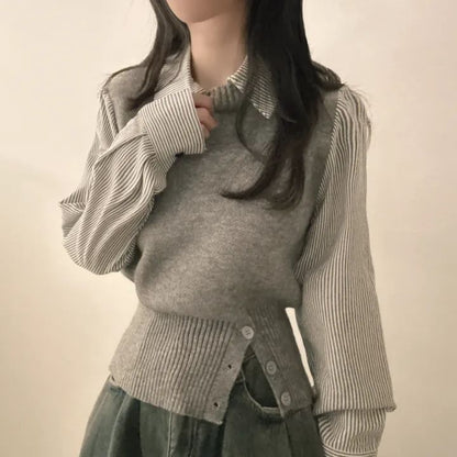 Pinstriped Mock Two-Piece Knit with Collar