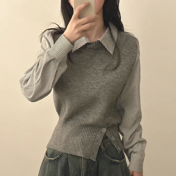 Pinstriped Mock Two-Piece Knit with Collar