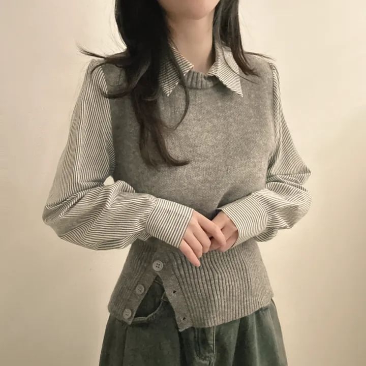 Pinstriped Mock Two-Piece Knit with Collar