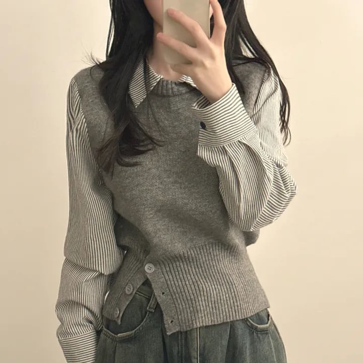 Pinstriped Mock Two-Piece Knit with Collar