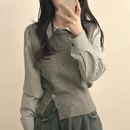 Pinstriped Mock Two-Piece Knit with Collar