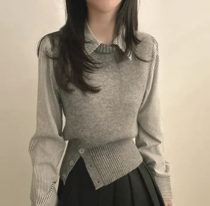Pinstriped Mock Two-Piece Knit with Collar