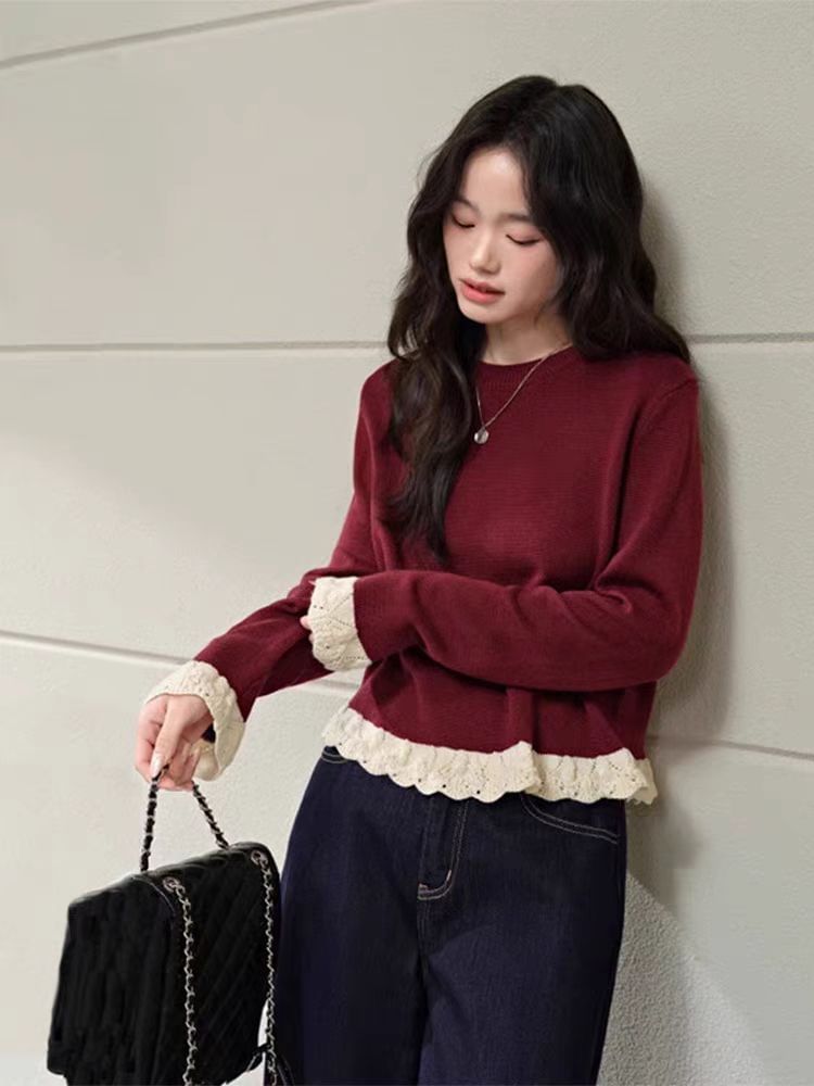 Lace-Trim Round Neck Knit Sweater