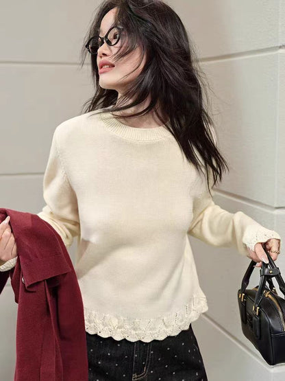 Lace-Trim Round Neck Knit Sweater