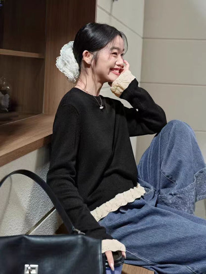 Lace-Trim Round Neck Knit Sweater