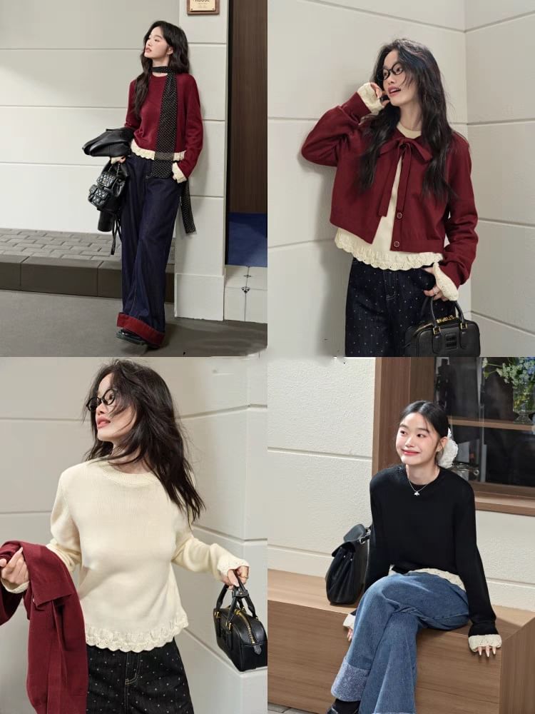Lace-Trim Round Neck Knit Sweater
