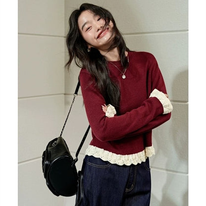 Lace-Trim Round Neck Knit Sweater
