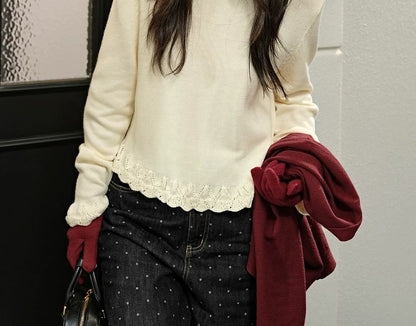 Lace-Trim Round Neck Knit Sweater