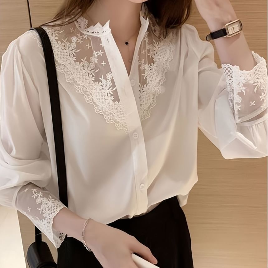 Lace Insets Button-Up Shirt with Full Sleeves