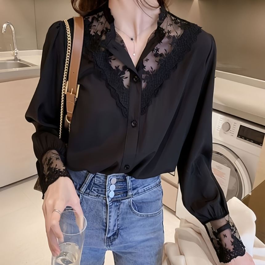 Lace Insets Button-Up Shirt with Full Sleeves