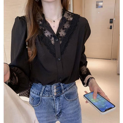 Lace Insets Button-Up Shirt with Full Sleeves