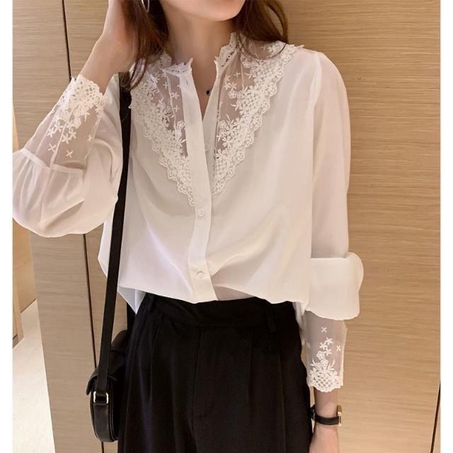 Lace Insets Button-Up Shirt with Full Sleeves