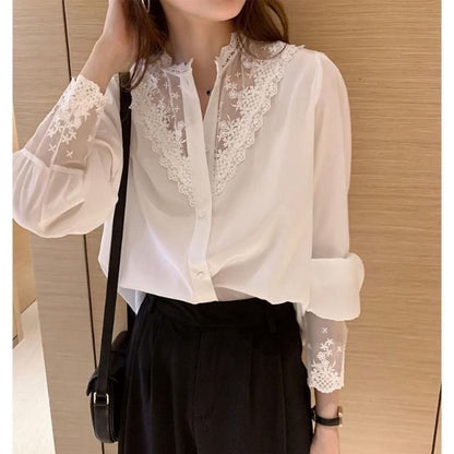 Lace Insets Button-Up Shirt with Full Sleeves