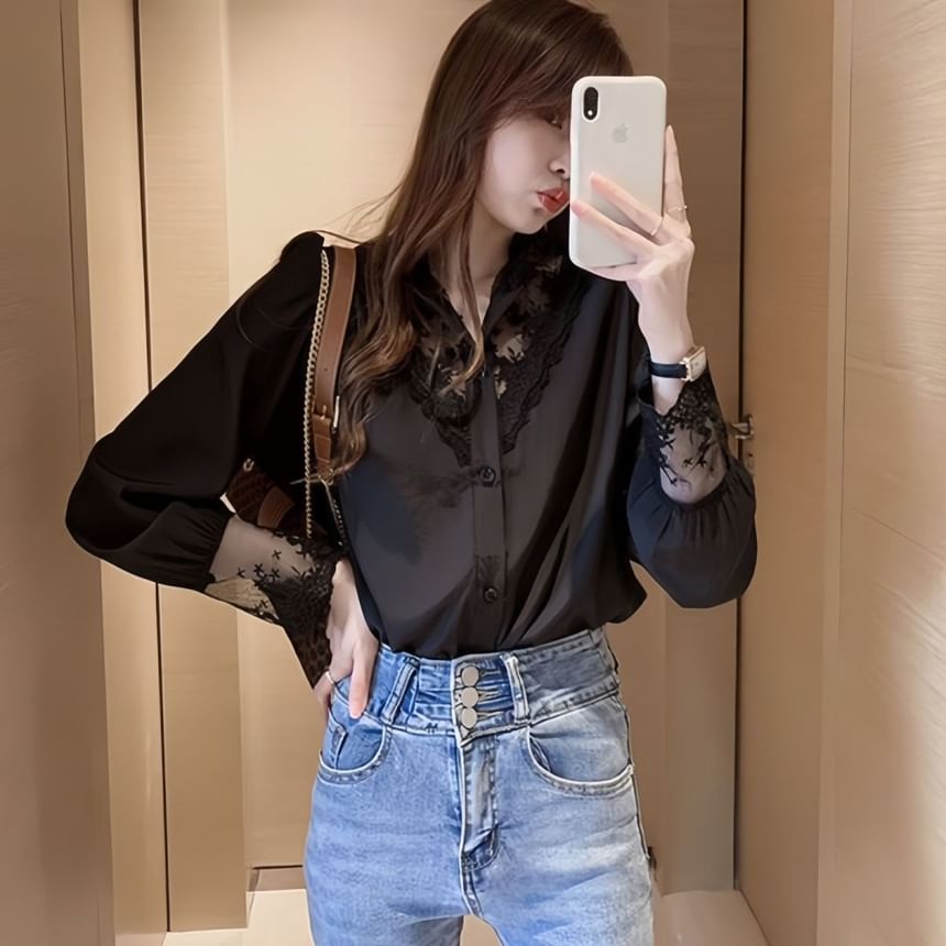 Lace Insets Button-Up Shirt with Full Sleeves