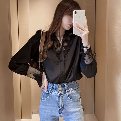 Lace Insets Button-Up Shirt with Full Sleeves