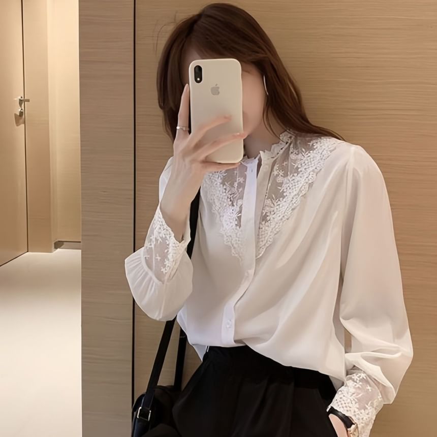 Lace Insets Button-Up Shirt with Full Sleeves
